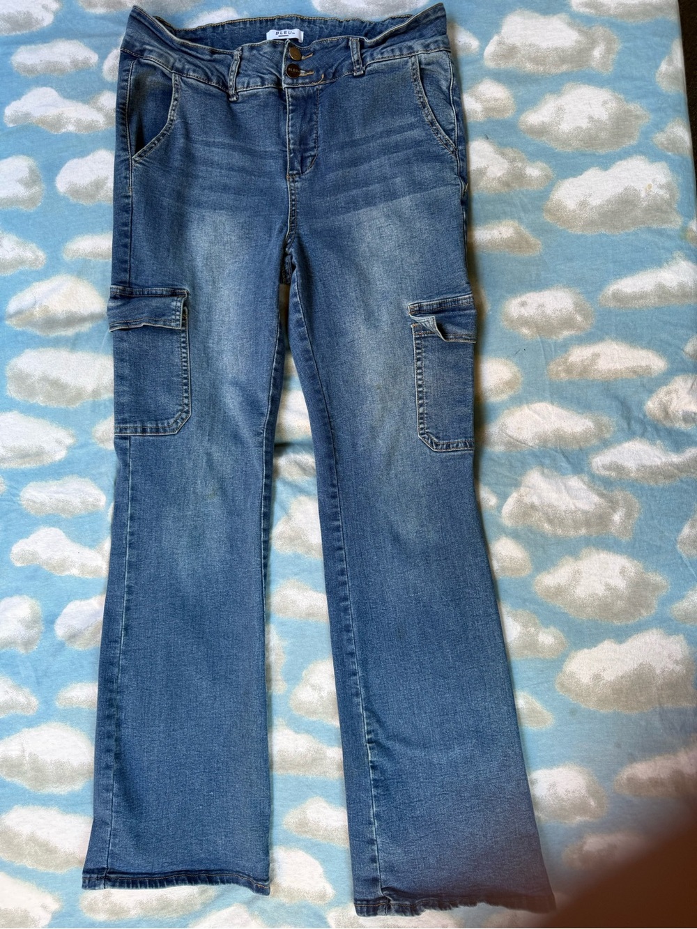 BLEU Y2K Utility Cargo Flare Bootcut Jeans Double Button Stretch Denim Women